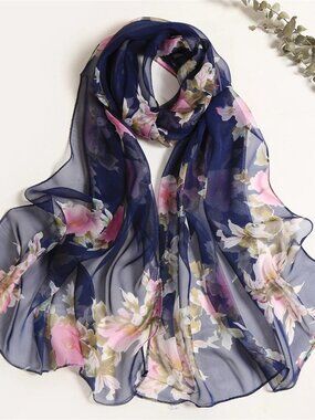 Midnight Blossom Fashion Scarf Women's Chiffon Printed Soft Wrap 63 x 19 in